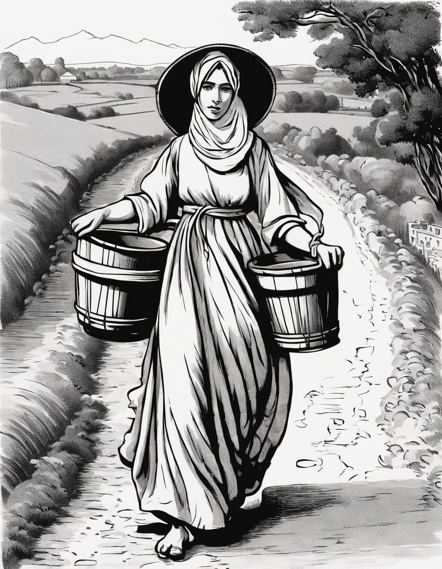 Historical Line Art of a Traditional Water Carrier