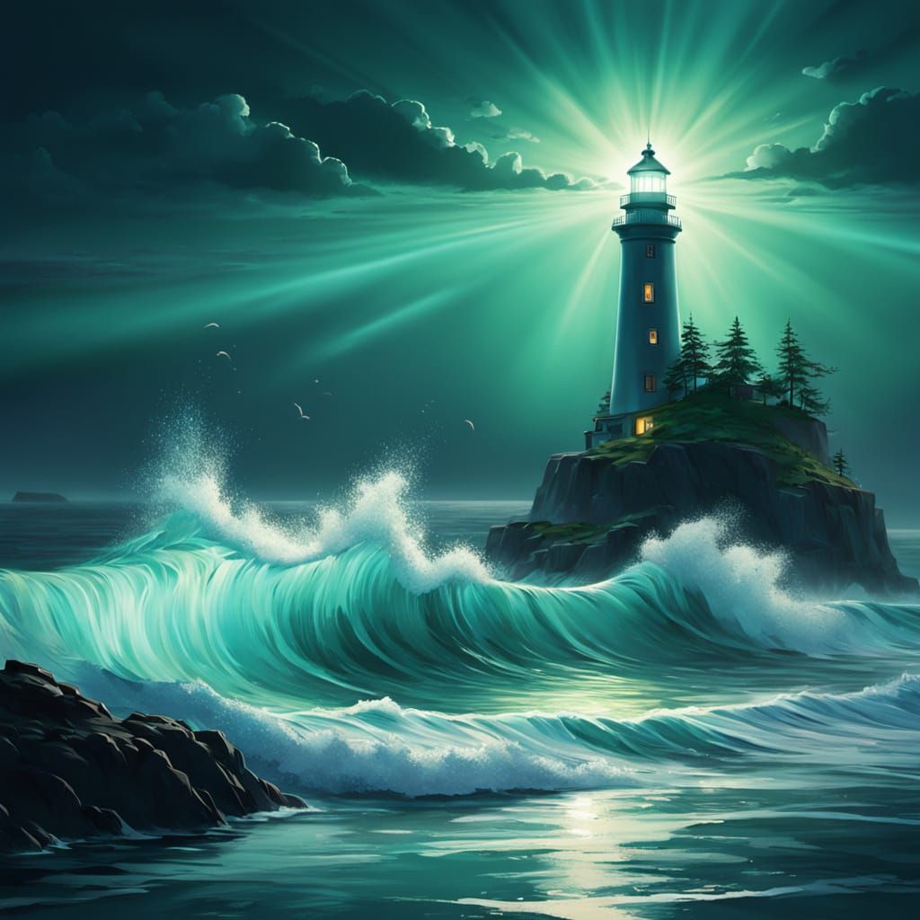 Bioluminescent Sea Glass Lighthouse in Emerald and Cobalt