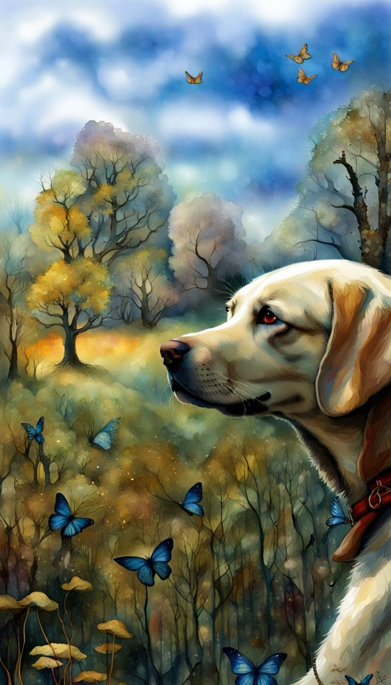 Yellow Lab in Enchanted Forest, Watercolor Art