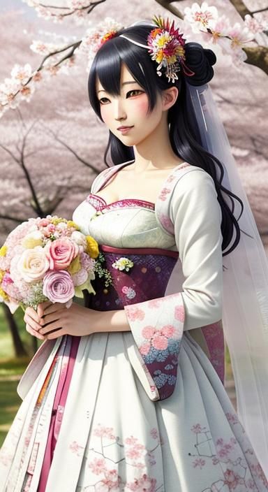 Ukiyo-e Bride with Cherry Blossoms in Quaint Church