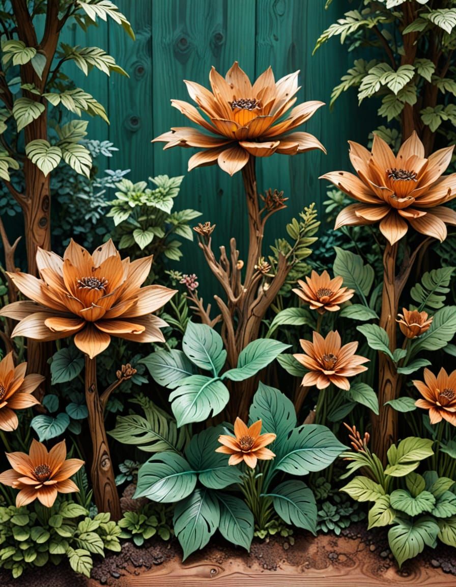 Intricate Wooden Garden with Detailed Wood Grain