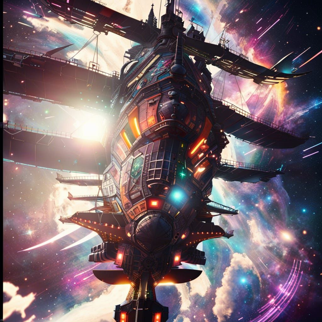 Cyberpunk Pirate Ship Soaring Through Galaxy
