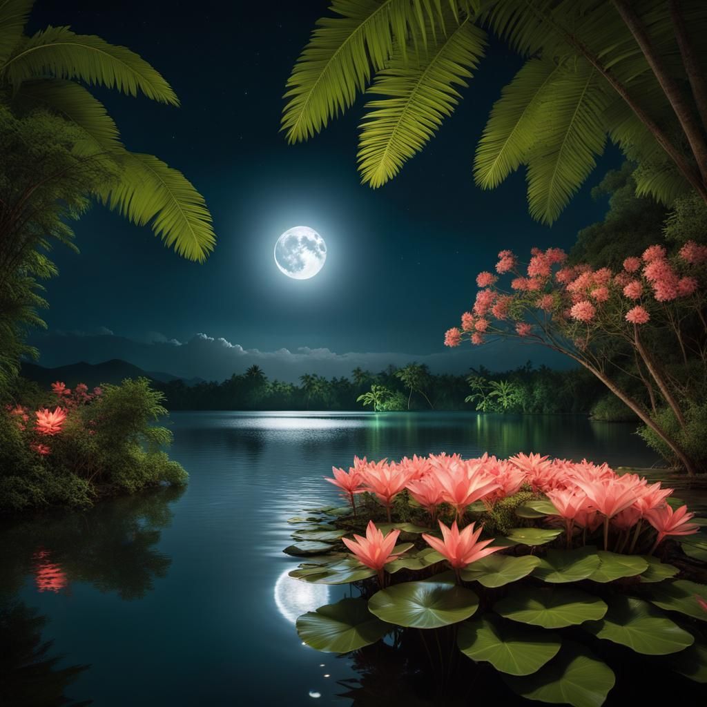 A tropical lake at night.Full moon
