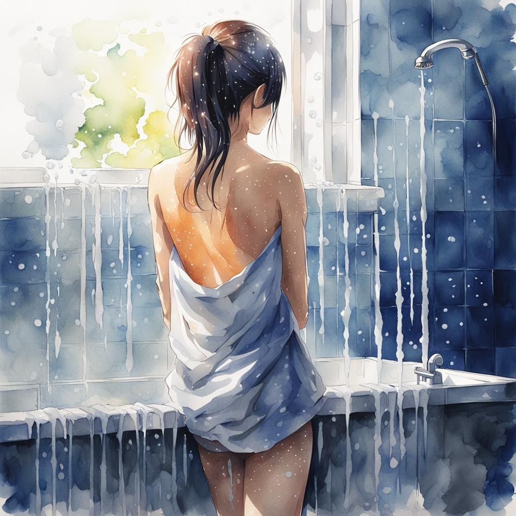 Watercolor Woman Showering in Anime Style