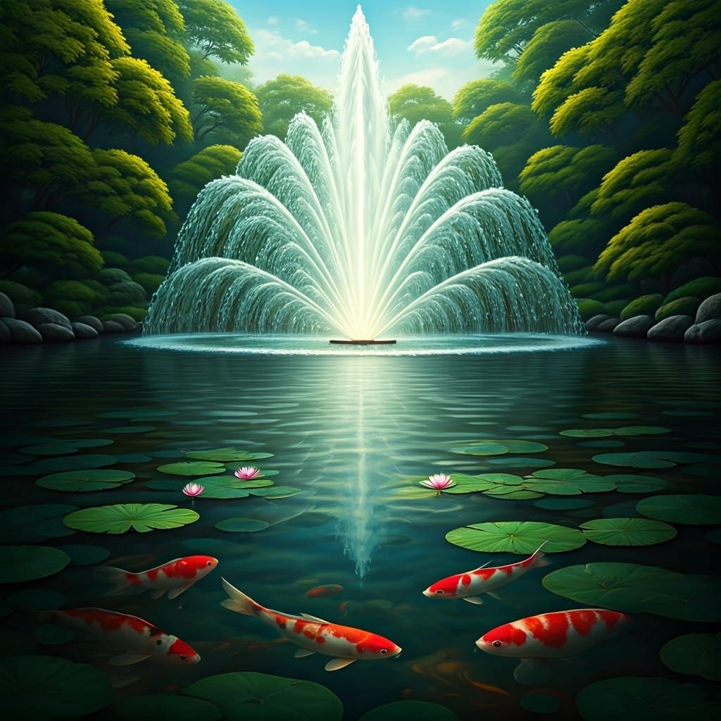 Zen Koi Pond with Rainbow Water Fountain