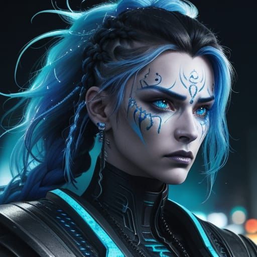Warrior with Cyberpunk Braids and Glowing Energy