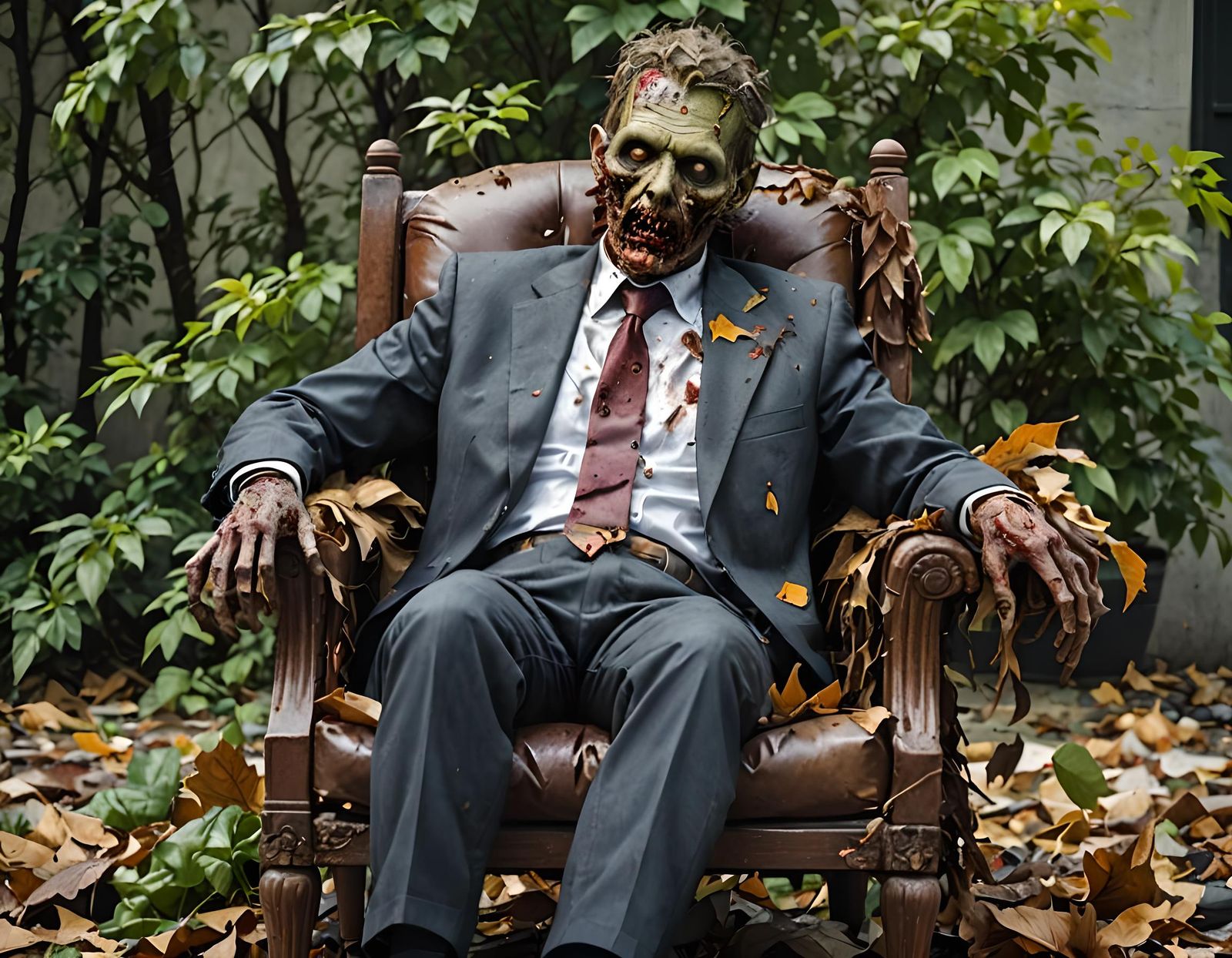 Decaying Zombie Businessman in Autumn Setting