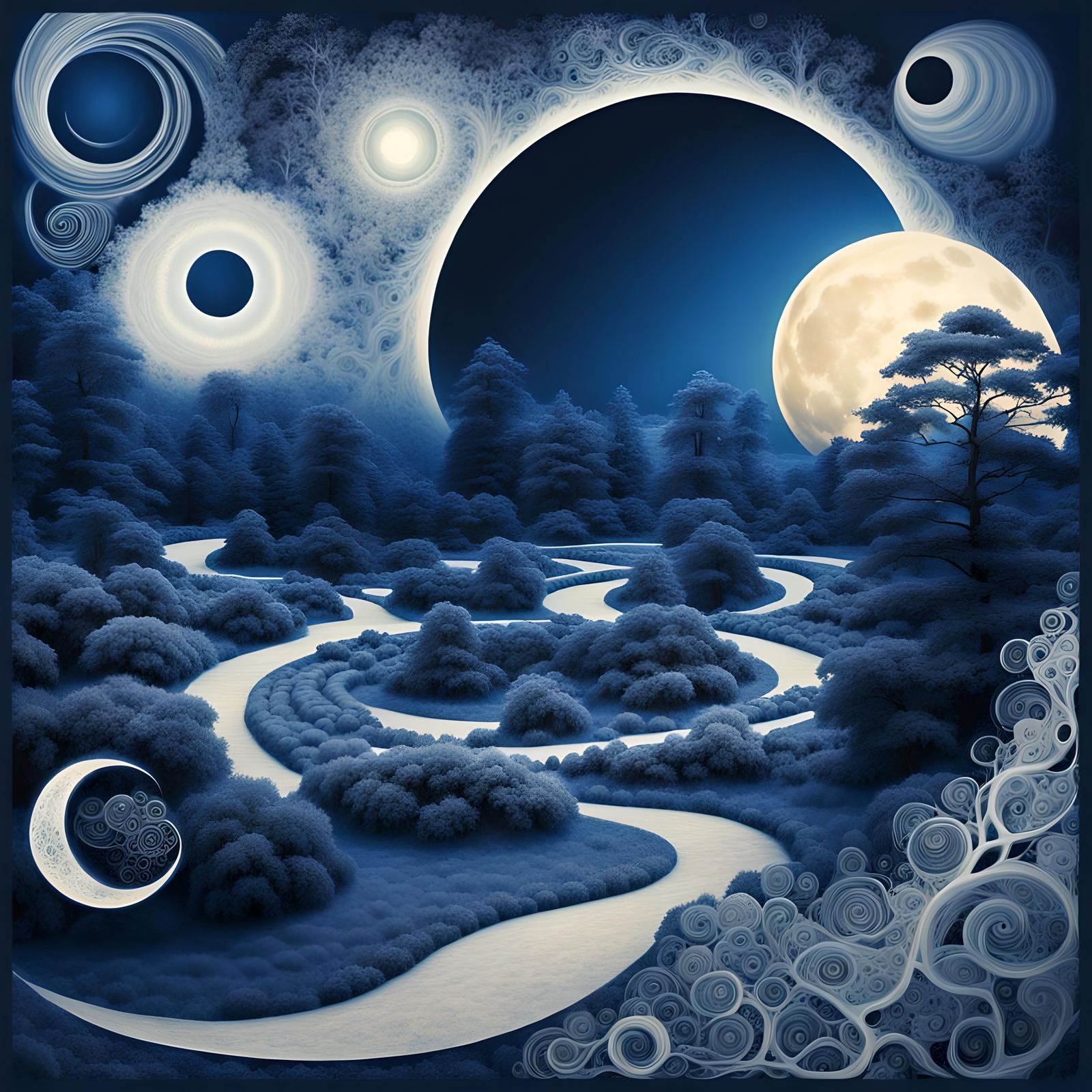 Ethereal Cyanotype Landscape with Spirals and Fractals