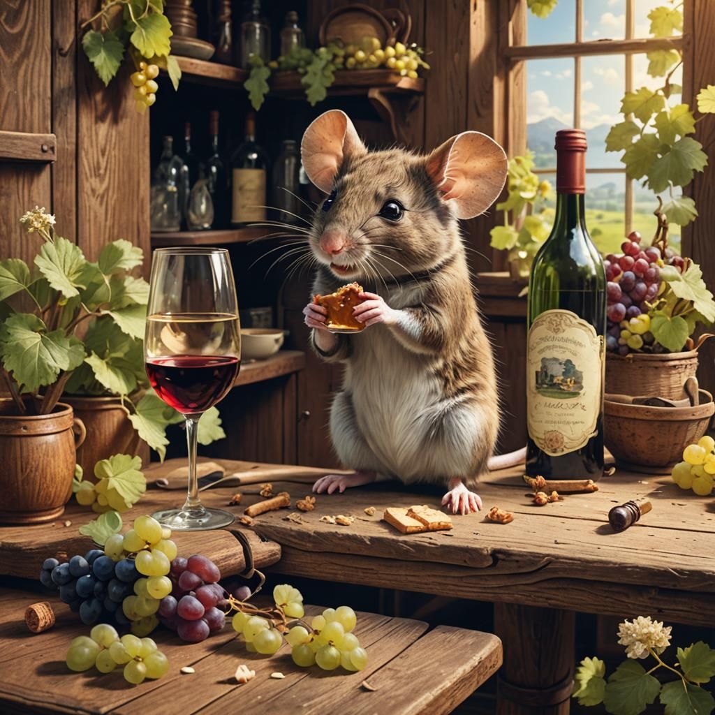 Mouse Tasting Wine in Victorian Kitchen