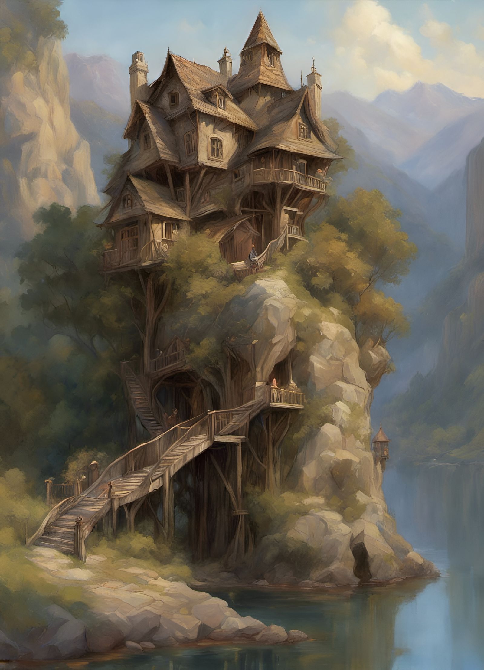 Medieval Treehouse Village on Rock Pillar: Pencil Sketch