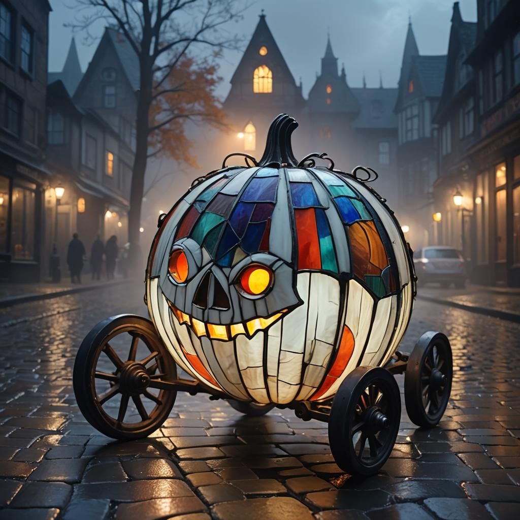 Stained Glass Pumpkin on Wheels in Gothic Setting