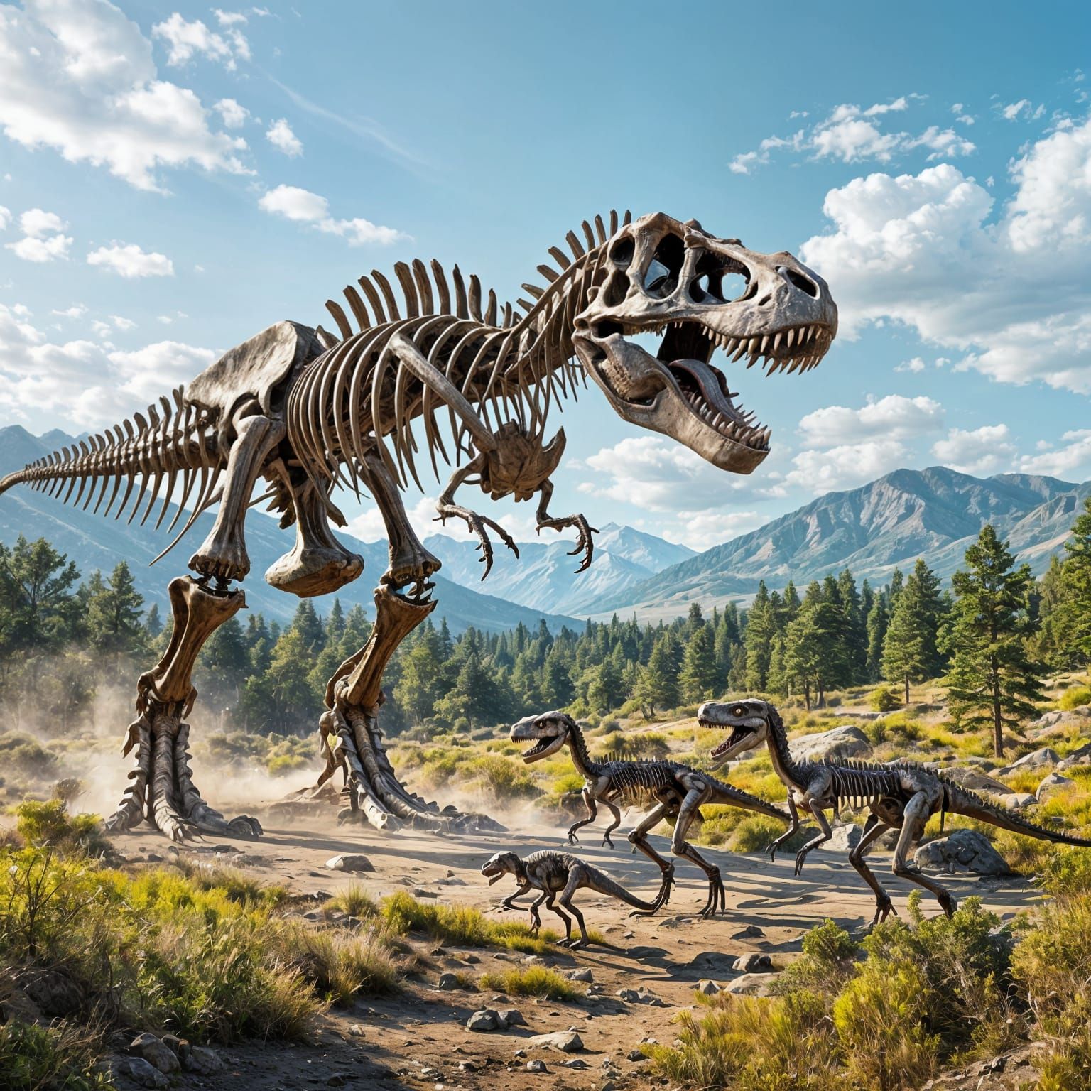 T-Rex Skeleton Attacks Deinonychus in Jurassic Landscape