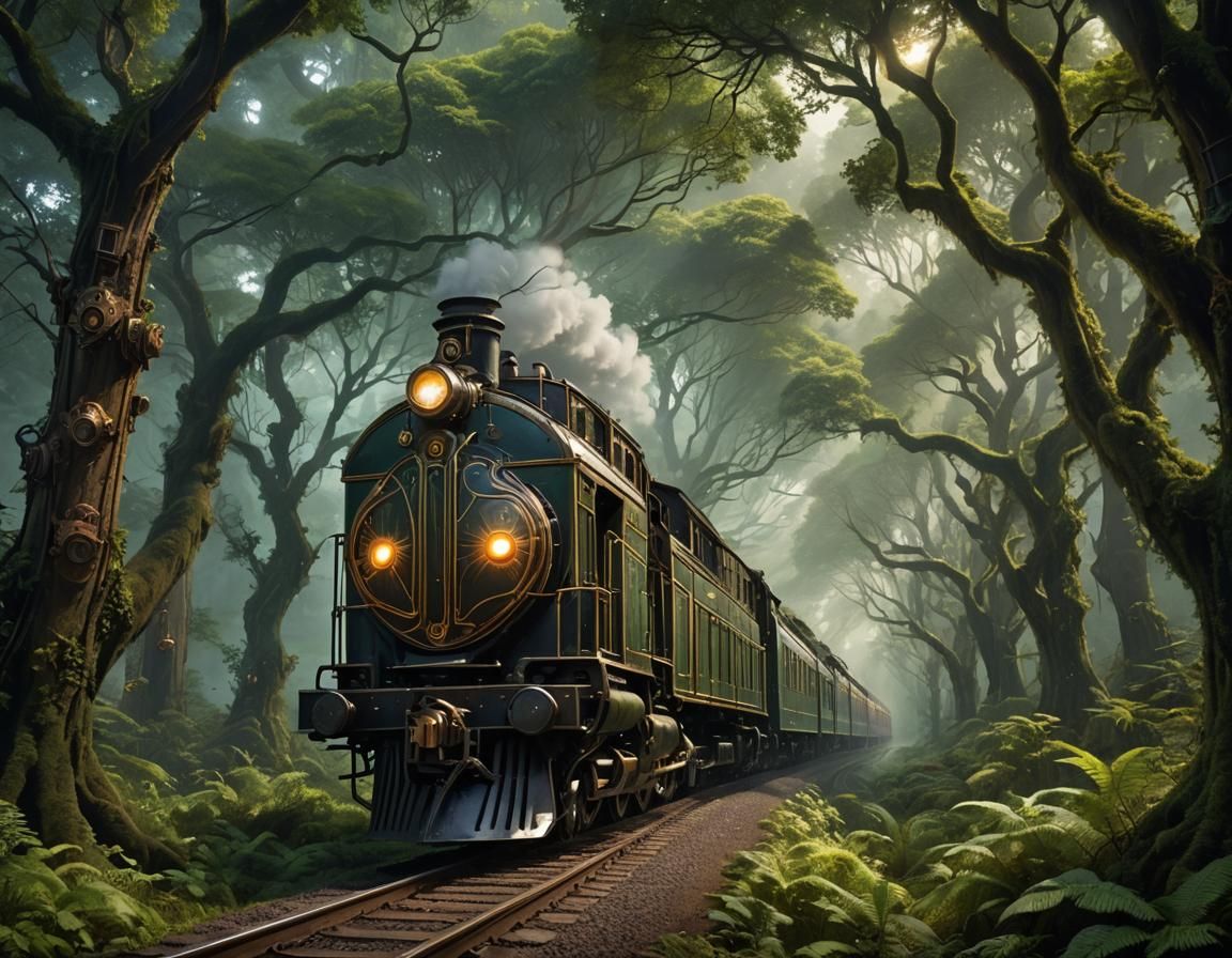 Steampunk Train Steaming Through Bioluminescent Forest