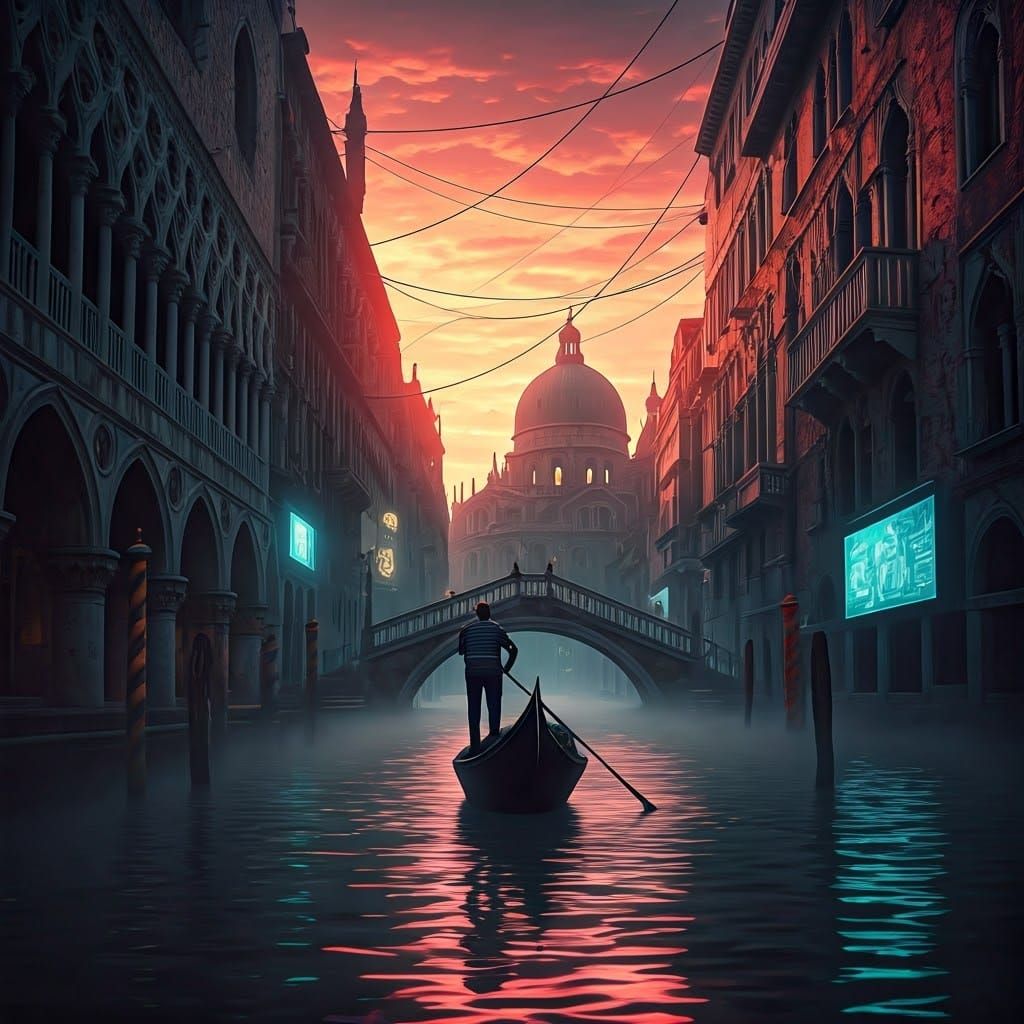 Cyberpunk Gondolier Navigates Futuristic Venice