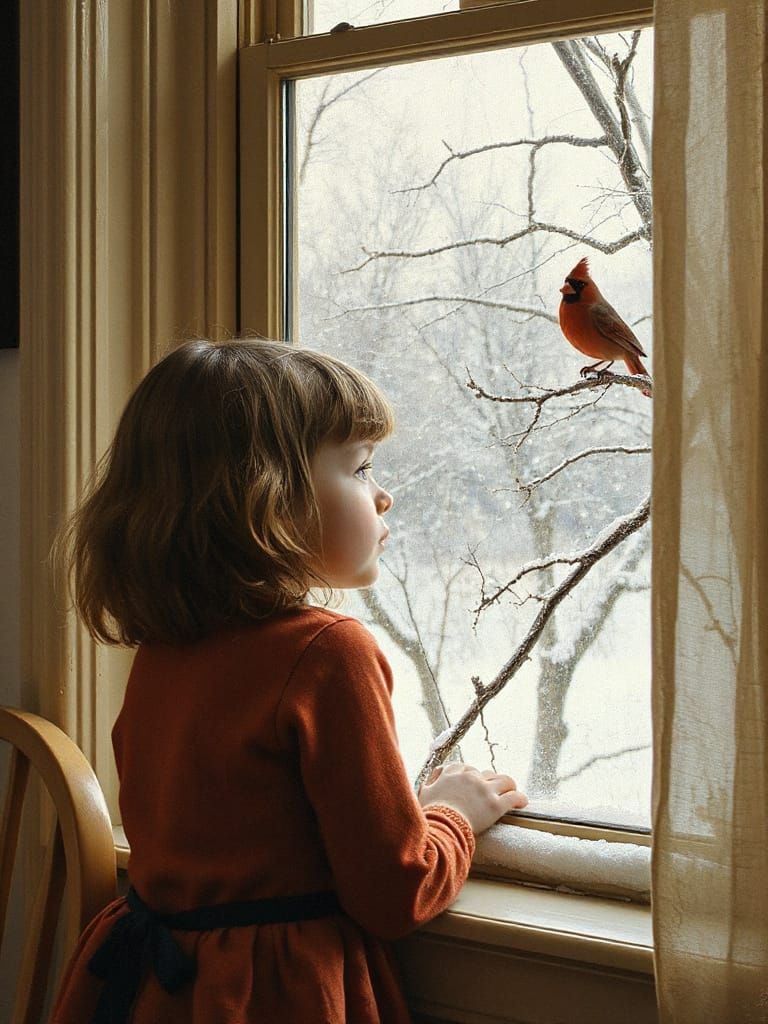 Girl Gazes at Snowfall with Cardinal Companion