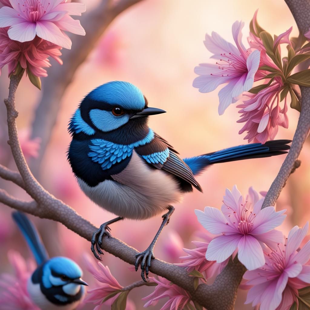 Blue Fairy Wren in Pink Blossoms: Hyperrealistic