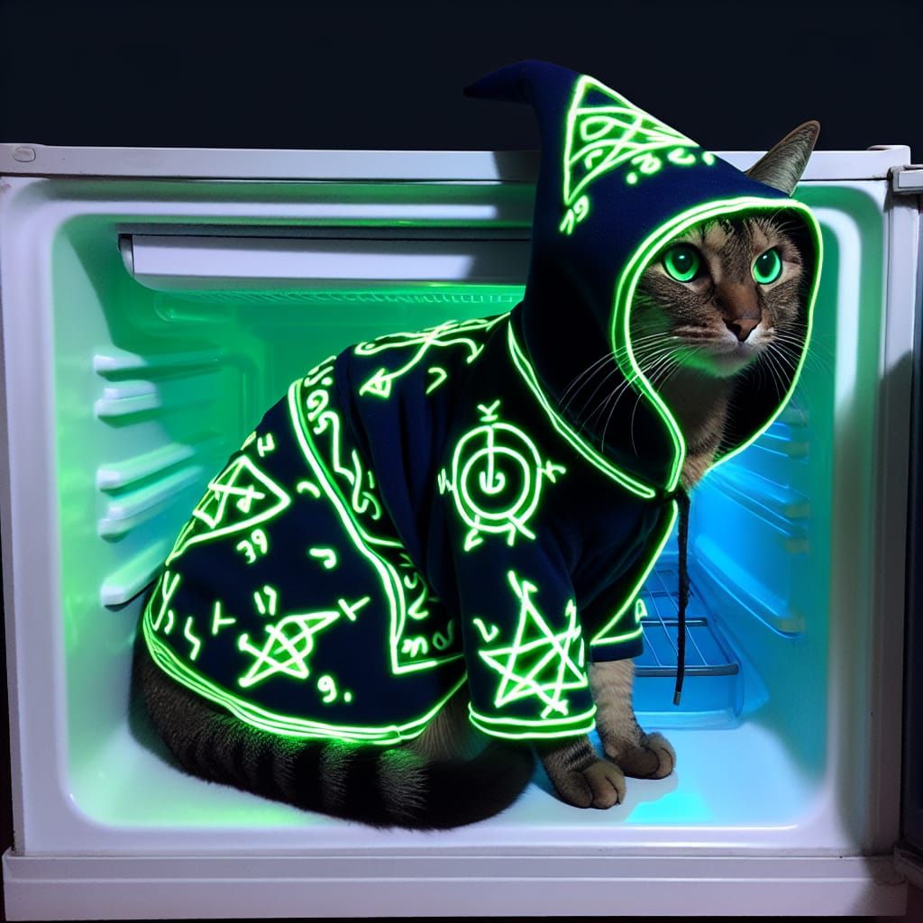 Technomage Cat Freezing in Refrigerator with Neon Runes