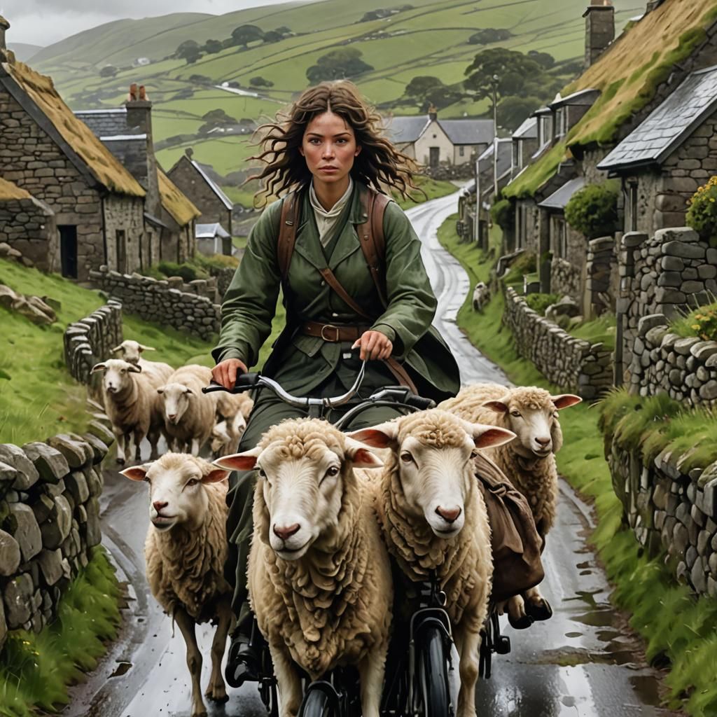 Irish Rainy Day: Girl, Dog, Bike, Thatched Cottage