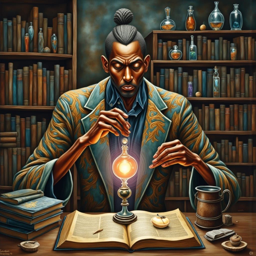 Alchemist Mixing Essences in Mystical Setting