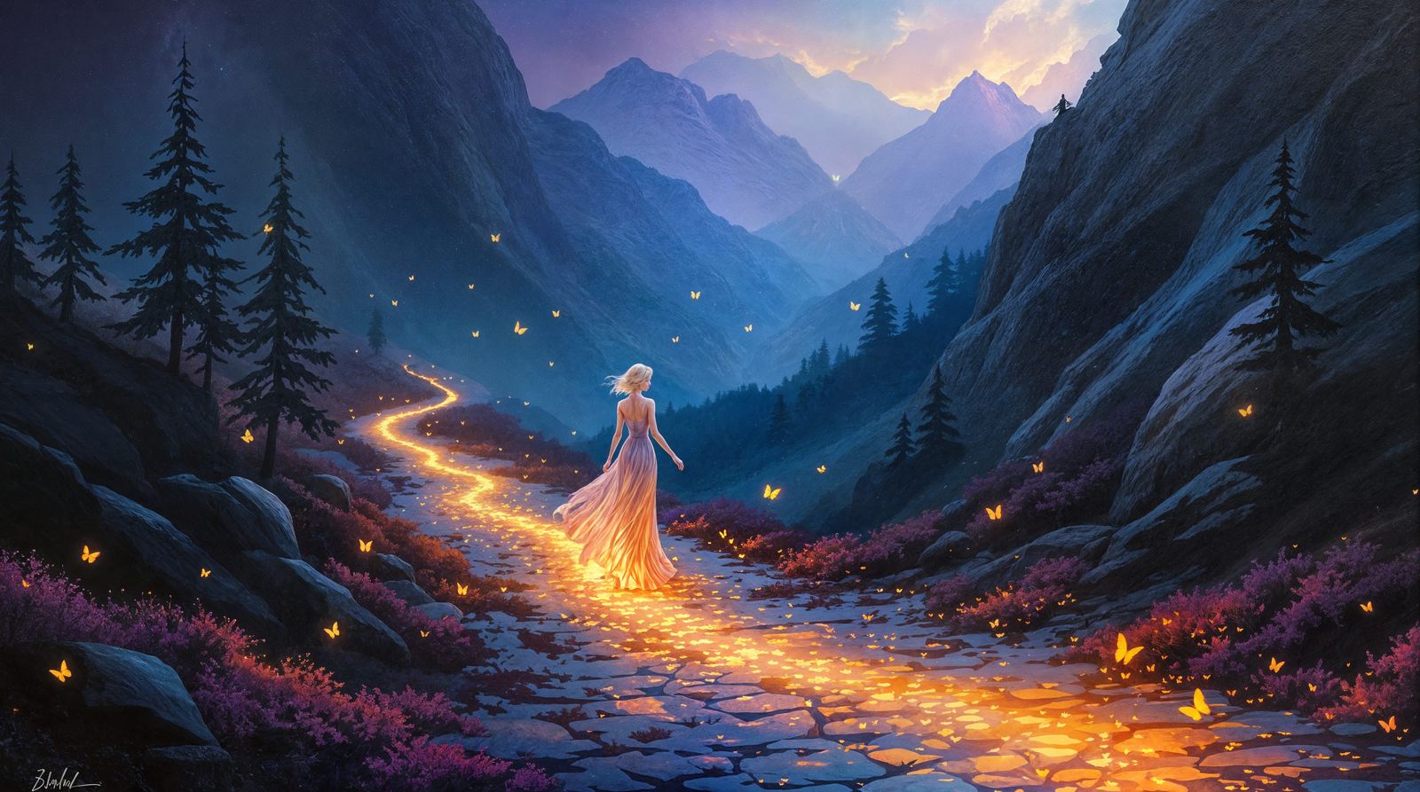 Ethereal Woman Walks Glowing Path Through Dark Mountain Land...