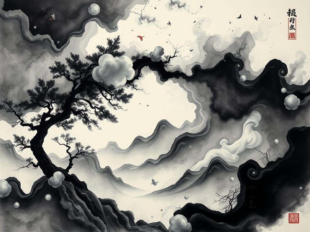 Mystical Japanese Ink Landscape in Surreal Style