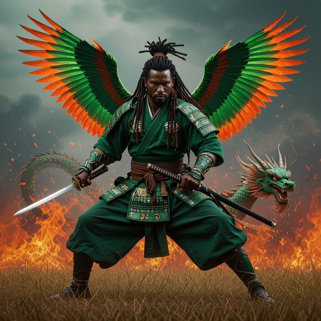 African Samurai Warrior with Dragon in Fiery Field