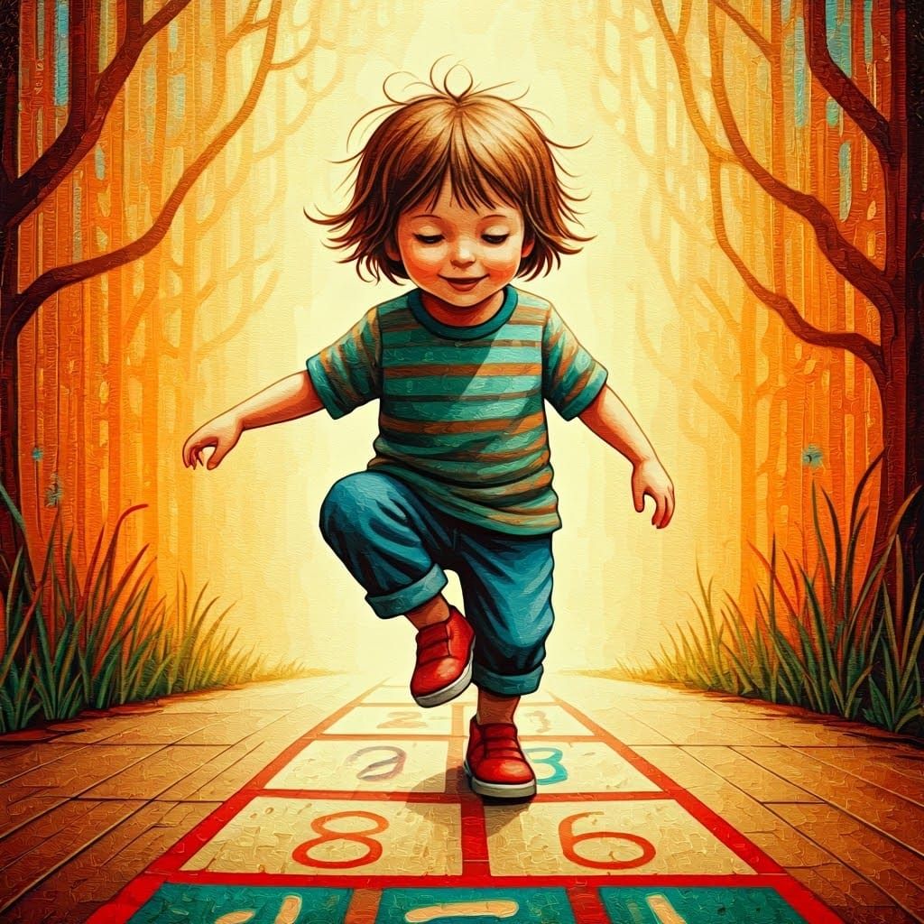 Child Playing Hopscotch in Carne Griffiths Style