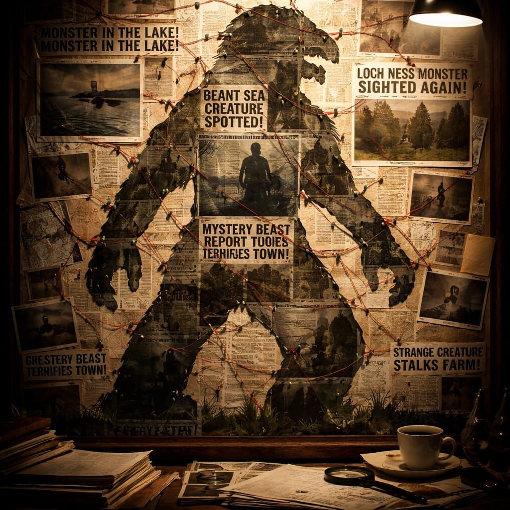 Monster Sighting Collage on Detective's Crime Board
