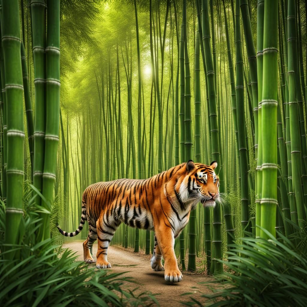Tiger Walks Through Hyperdetailed Bamboo Forest