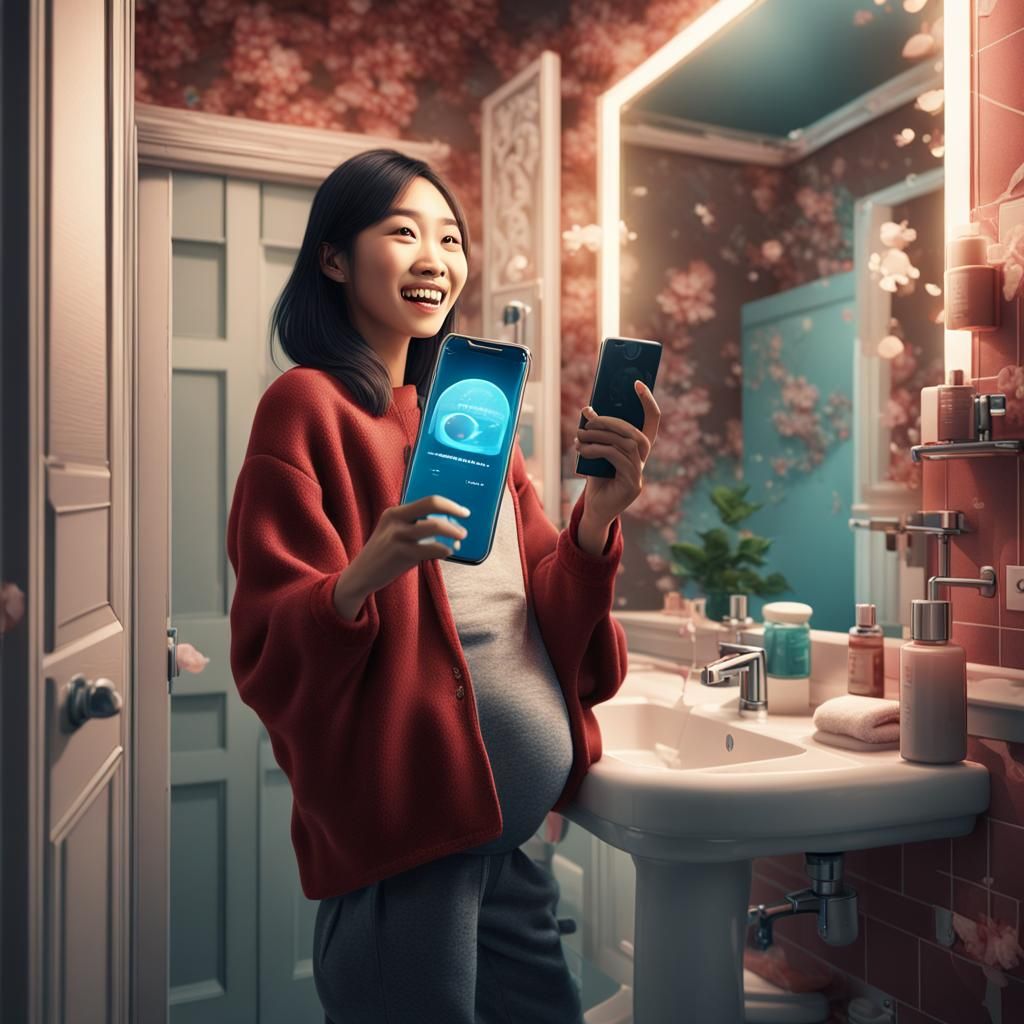 Asian Woman's Joyful Pregnancy Selfie, Fantasy Art