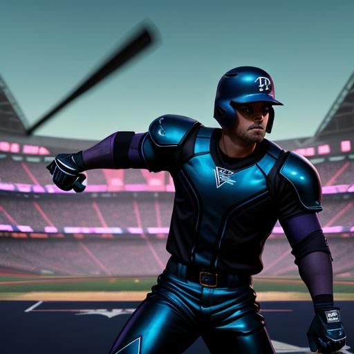 Futuristic Baseball Warrior in Neon-Lit Stadium