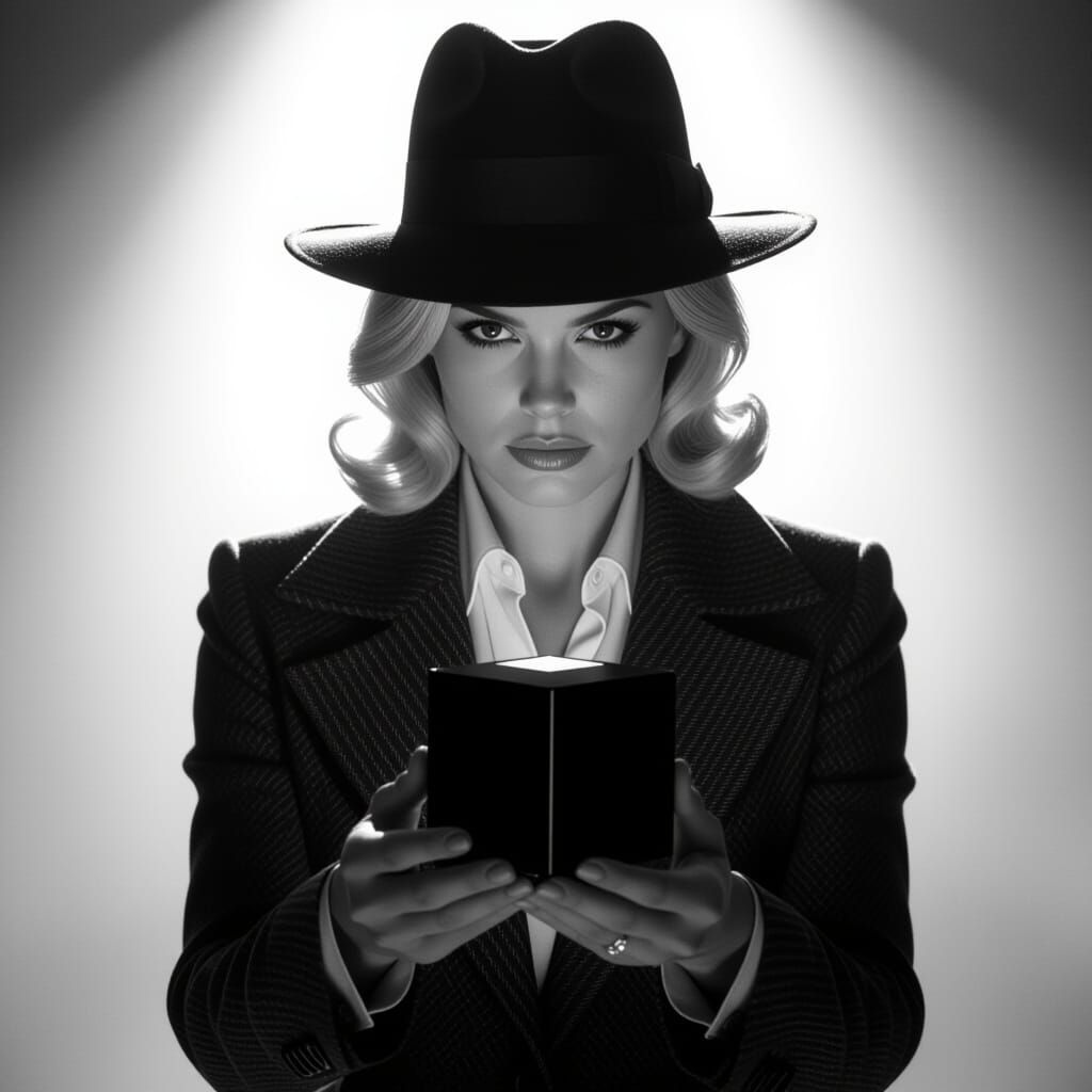 Noir Detective with Futuristic Cube in High Contrast