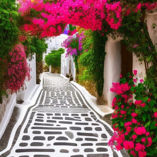 Picturesque Mykonos Alleyway with Bougainvillea in Greece