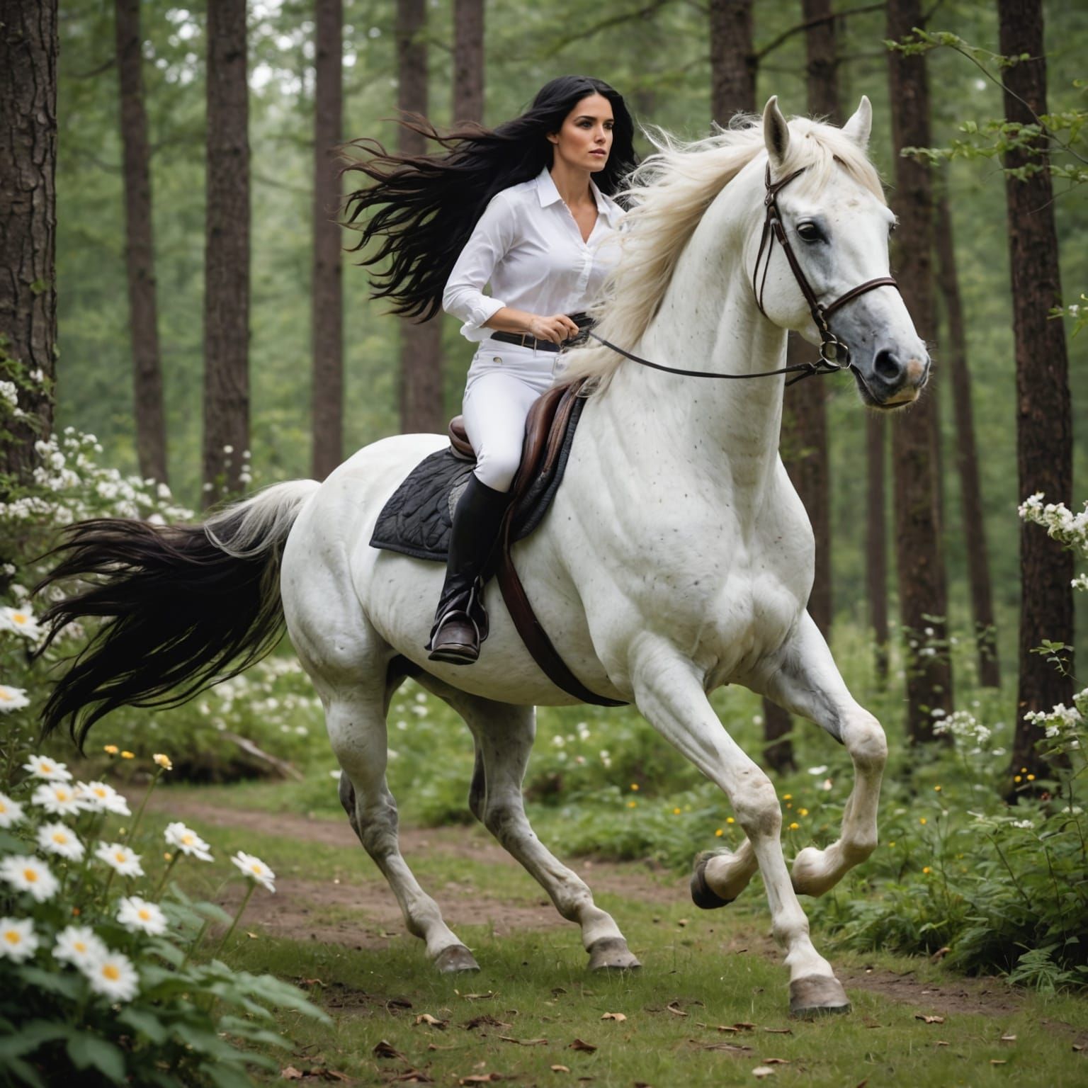 White Horse and Rider in Floral Woods