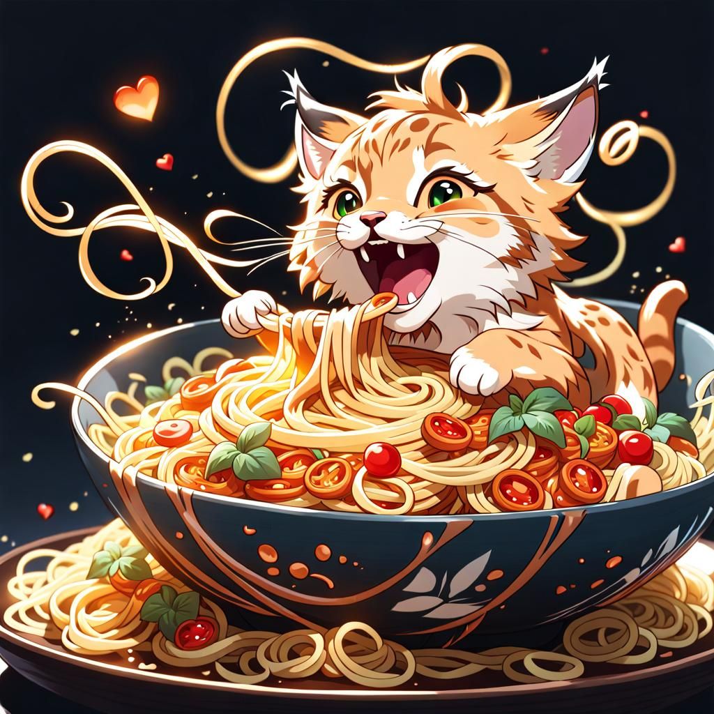 Joyful Lynx Enjoys Spaghetti in Fiery Watercolor