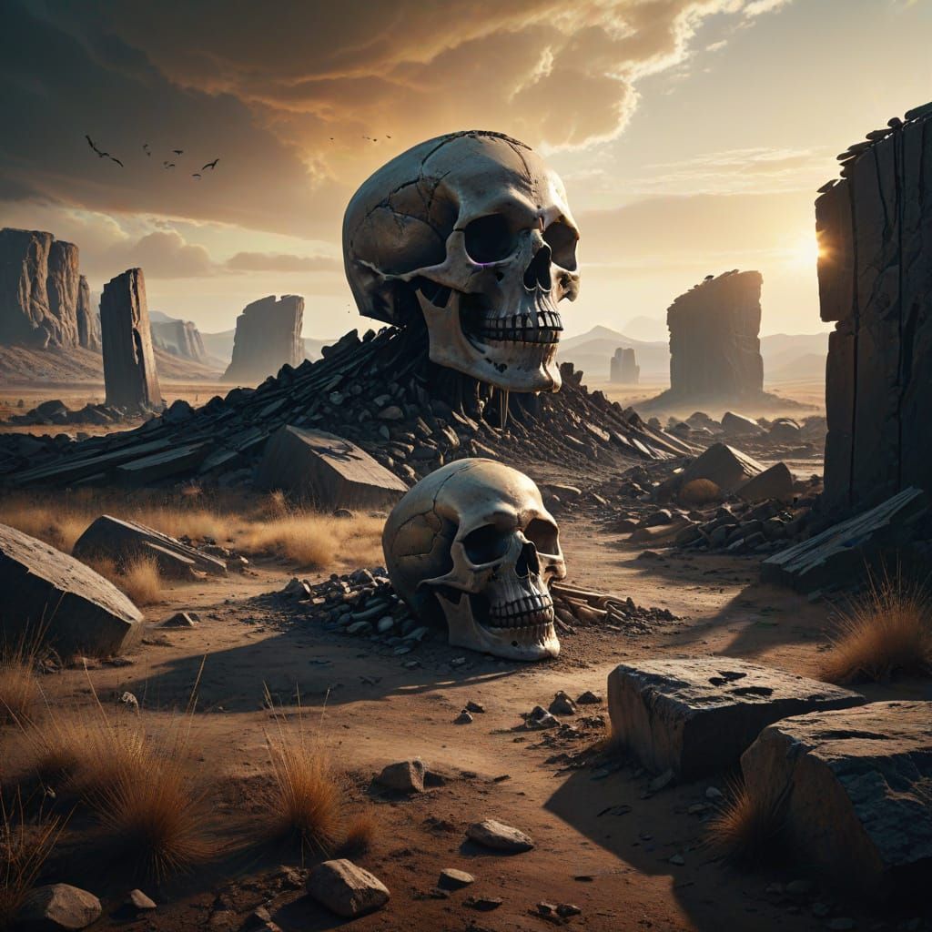 Eerie Skull Monoliths in Desolate Golden Landscape