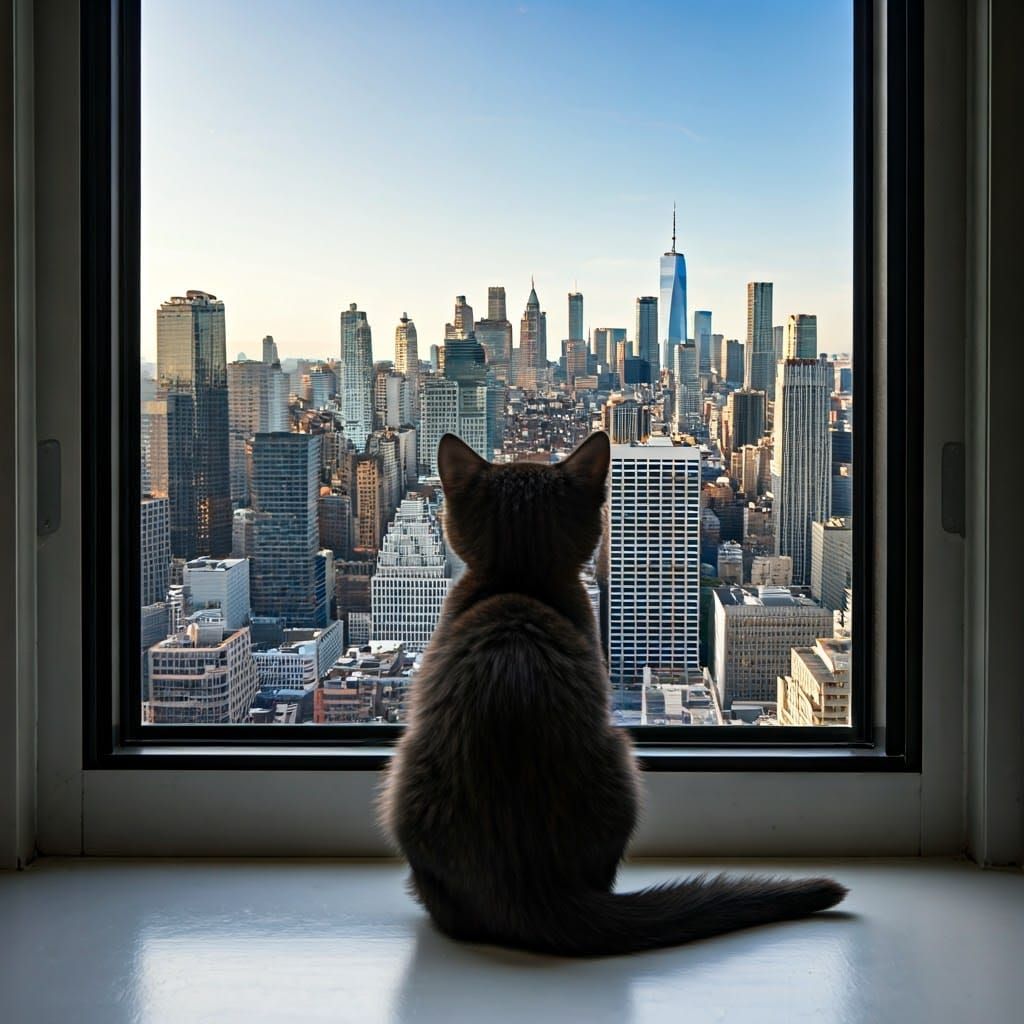 Kitten Gazing at Manhattan Skyline Photography