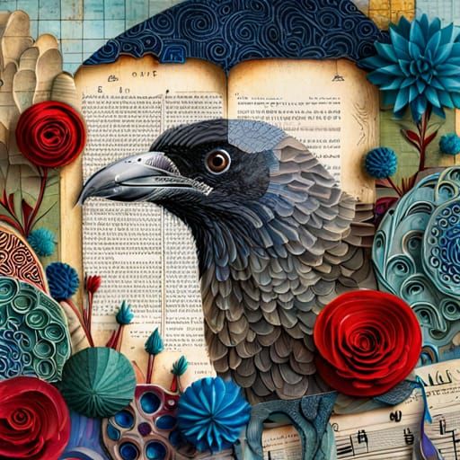 Intricate Raven Collage in Mixed-Media Style