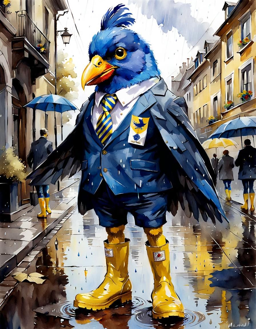 Eurovision Inspired Fluffy Bird in Watercolor Cartoon Style