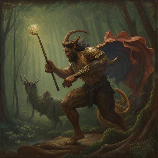 Satyr Playing in Forest as Expressionist Oil Painting