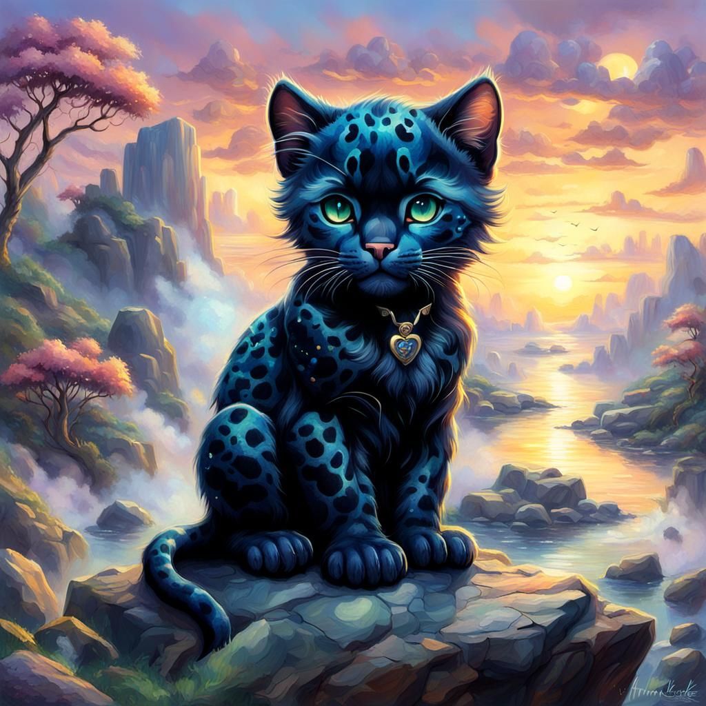Chibi Panther on Rock at Sunset