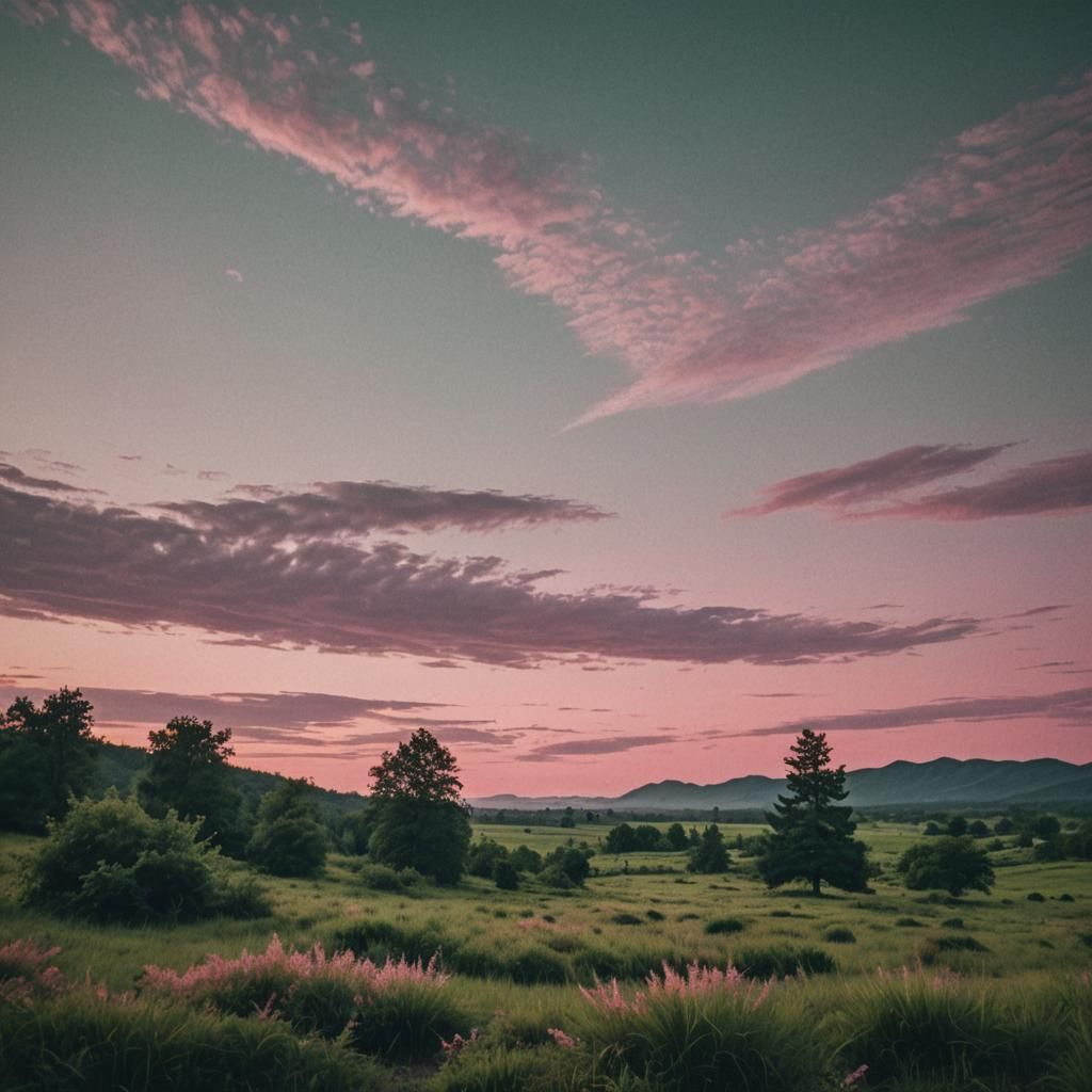 Pink Sky Over Green Landscape: Cinematic Film Still