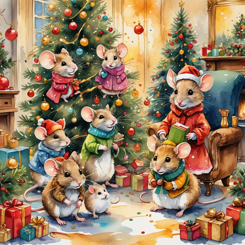 Festive Mice Celebrate Christmas Morning with Gifts