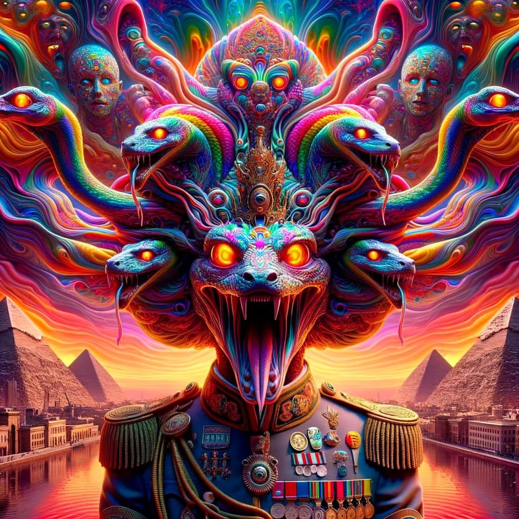 Psychedelic Anubis God with Pyramids and London