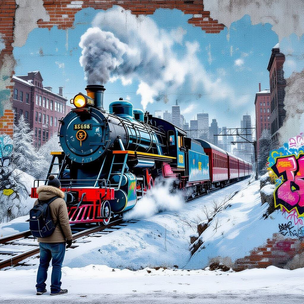 Vibrant Winter Train Mural on Concrete Wall