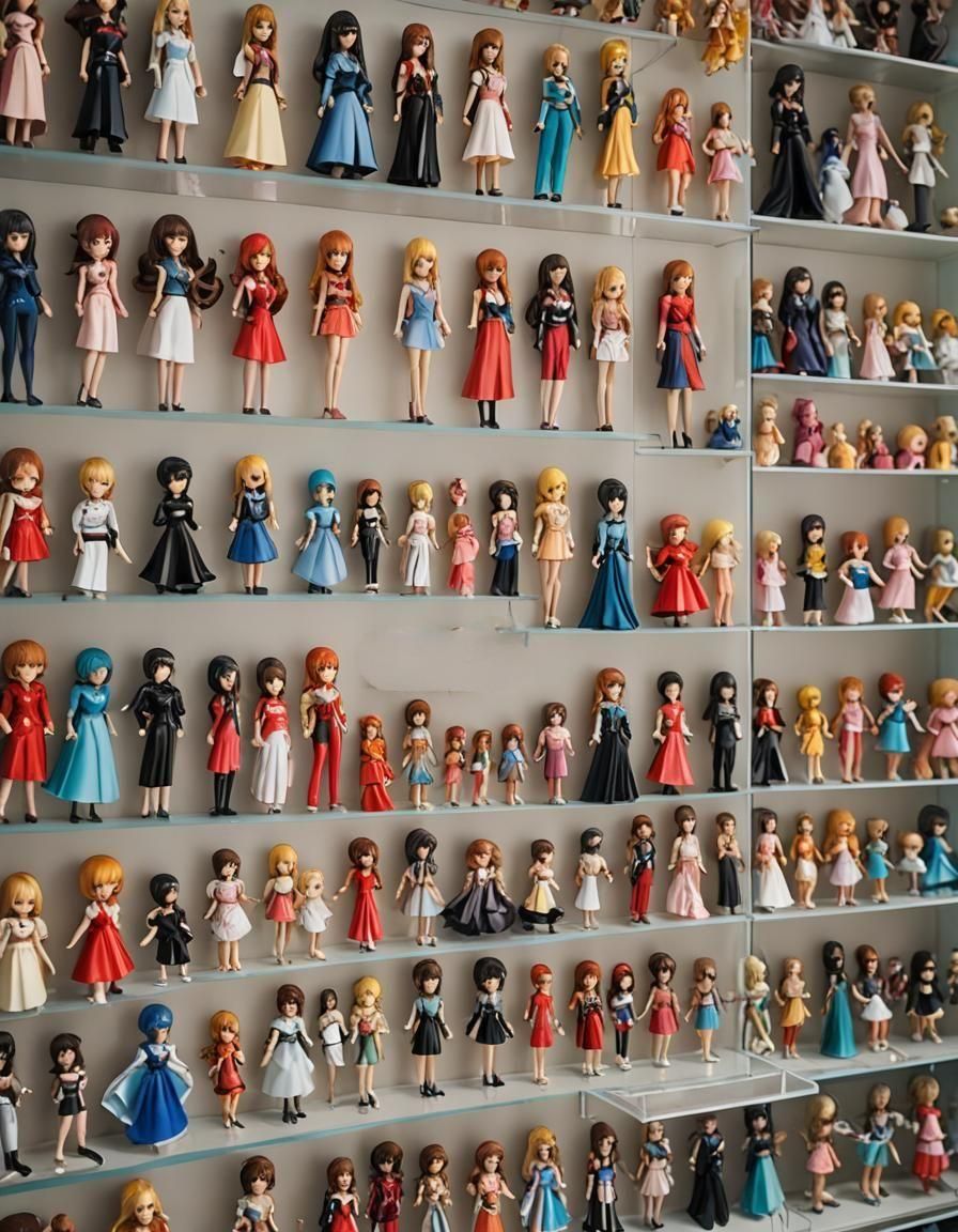 Assorted Female Figurines Displayed in Wall Cabinet