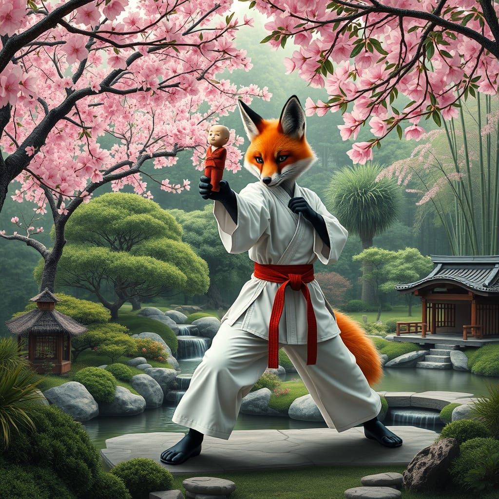 Kitsune Karate Practice in Garden, Pop Art Style