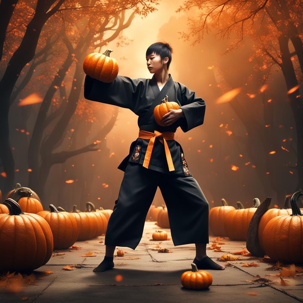 Halloween Taekwondo Master with Pumpkin Head