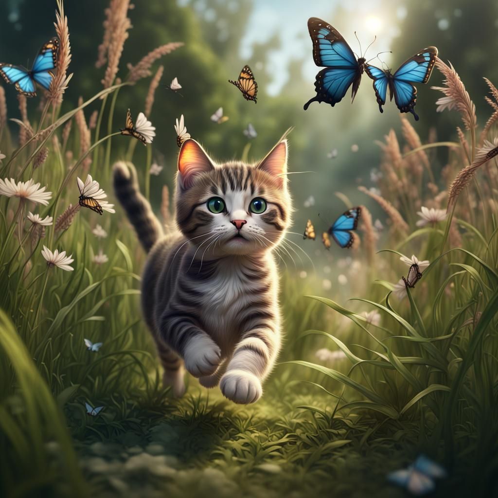 Cute Cat Running in Tall Grass