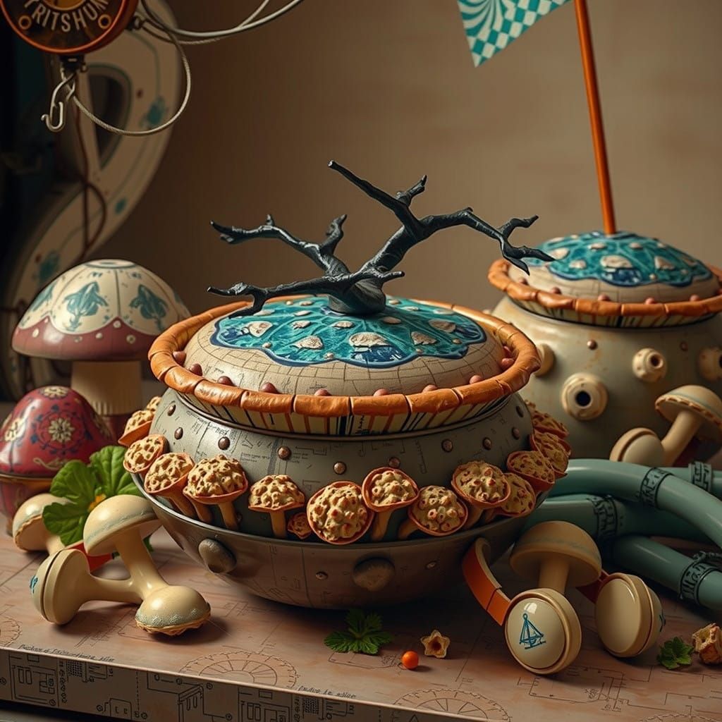 Surreal Mushroom Icons Rise Amidst a Tangle of Retrofuturist...